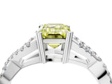 White gold Fancy Yellow Emerald Cut Diamond Solitaire Ring with Four-Prong Setting and Twisted Pavé Band_88