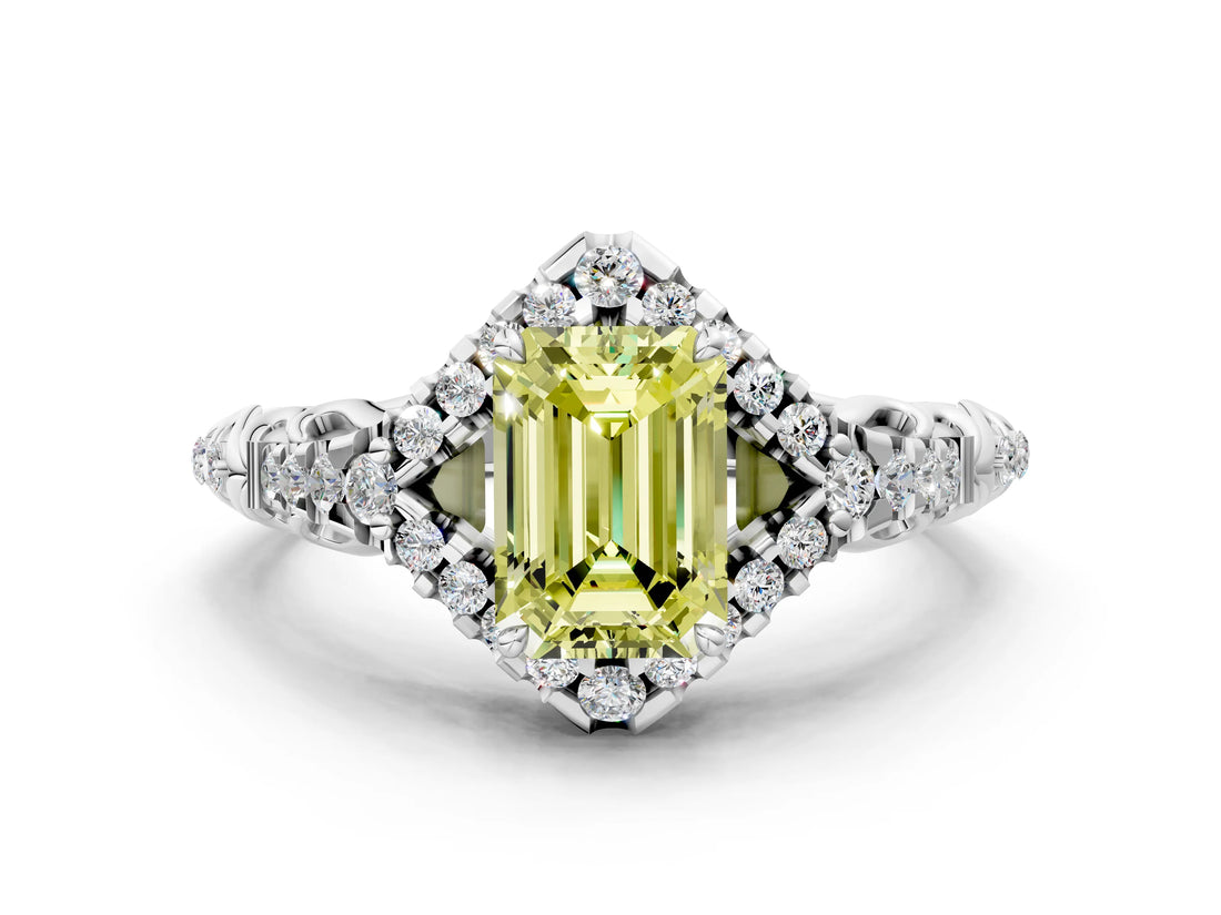 White gold Fancy Yellow Emerald Cut Diamond Solitaire Ring with Hidden Halo and Pavé Band_51