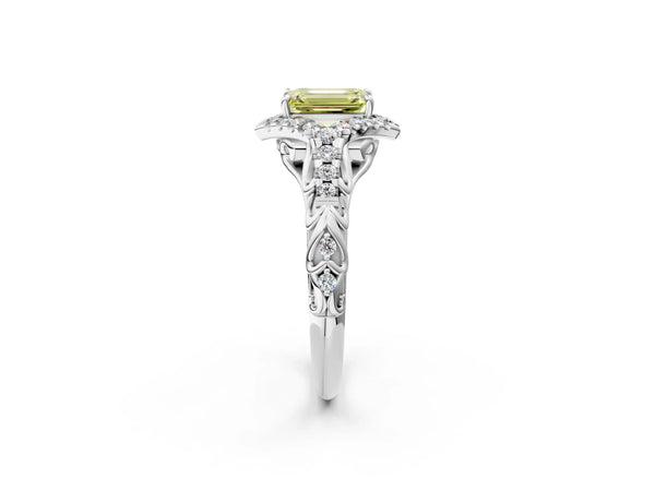 White Gold Emerald Cut Hidden Halo Engagement Ring Setting for Fancy Yellow Center with Pave Band
