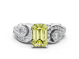 White gold Fancy Yellow Emerald Cut Diamond Solitaire Ring with Milgrain Pavé Band and Four-Prong Setting_299