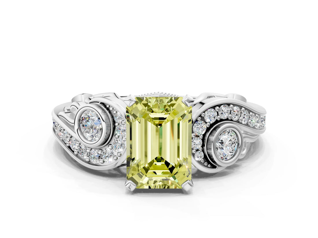 White gold Fancy Yellow Emerald Cut Diamond Solitaire Ring with Milgrain Pavé Band and Four-Prong Setting_300