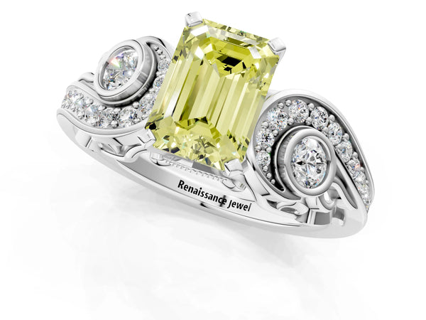 Platinum Fancy Yellow Emerald Cut Diamond Solitaire Ring with Milgrain Pavé Band and Four-Prong Setting