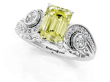 White gold Fancy Yellow Emerald Cut Diamond Solitaire Ring with Milgrain Pavé Band and Four-Prong Setting_301