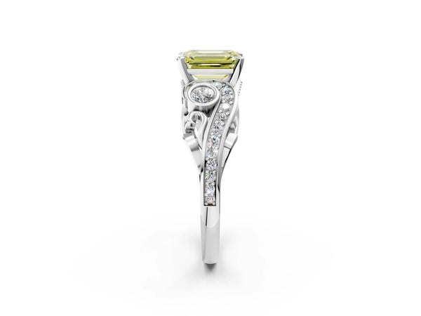 Platinum Fancy Yellow Emerald Cut Diamond Solitaire Ring with Milgrain Pavé Band and Four-Prong Setting