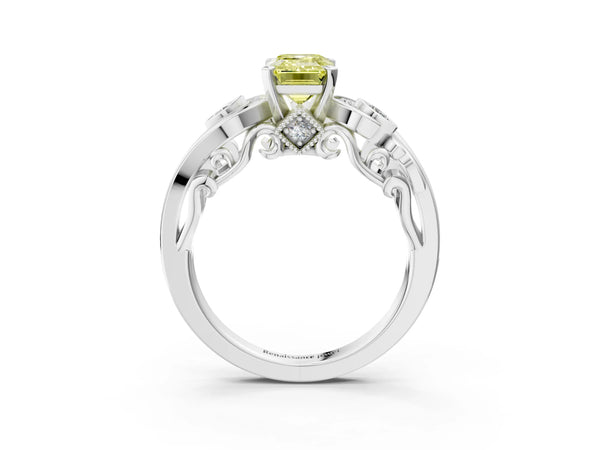 Platinum Fancy Yellow Emerald Cut Diamond Solitaire Ring with Milgrain Pavé Band and Four-Prong Setting