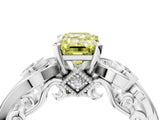 White gold Fancy Yellow Emerald Cut Diamond Solitaire Ring with Milgrain Pavé Band and Four-Prong Setting_303