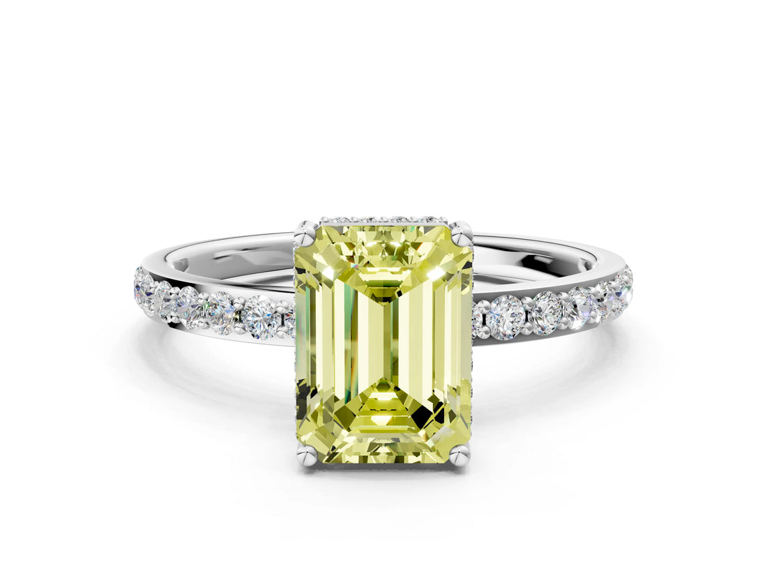 White gold Fancy Yellow Emerald Cut Diamond Solitaire Ring with Pavé Band and Hidden Halo_67