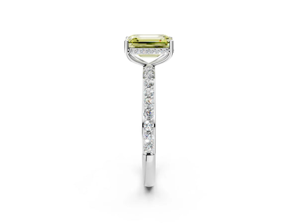Platinum Fancy Yellow Emerald Cut Diamond Solitaire Ring with Pavé Band and Hidden Halo