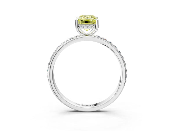 Platinum Fancy Yellow Emerald Cut Diamond Solitaire Ring with Pavé Band and Hidden Halo