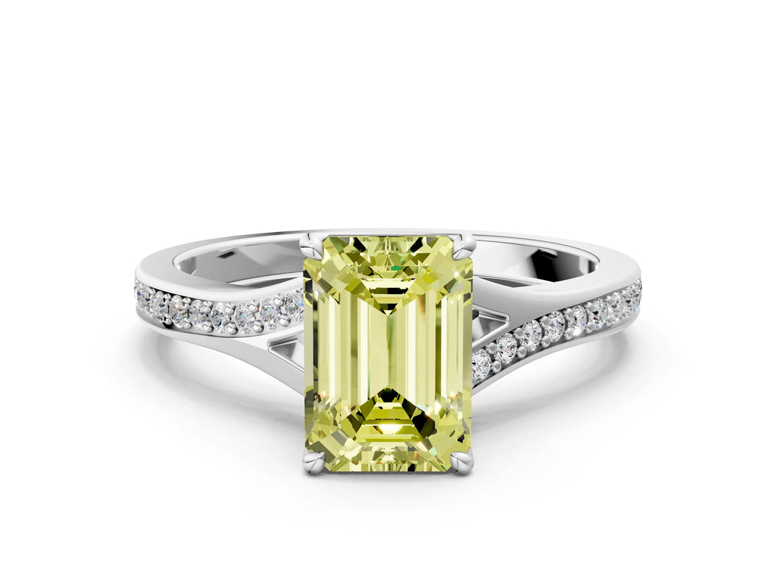White gold Fancy Yellow Emerald Cut Diamond Solitaire Ring with Pavé Band and Prong Setting_12