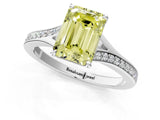 White gold Fancy Yellow Emerald Cut Diamond Solitaire Ring with Pavé Band and Prong Setting_13