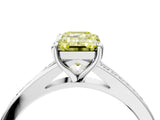 White gold Fancy Yellow Emerald Cut Diamond Solitaire Ring with Pavé Band and Prong Setting_16