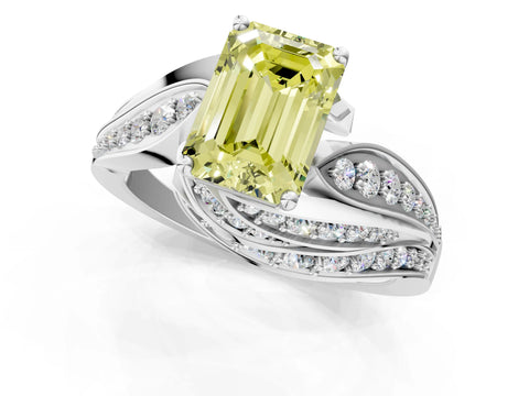 White gold Fancy Yellow Emerald Cut Diamond Solitaire Ring with Prong Setting and Twisted Pavé Band_1