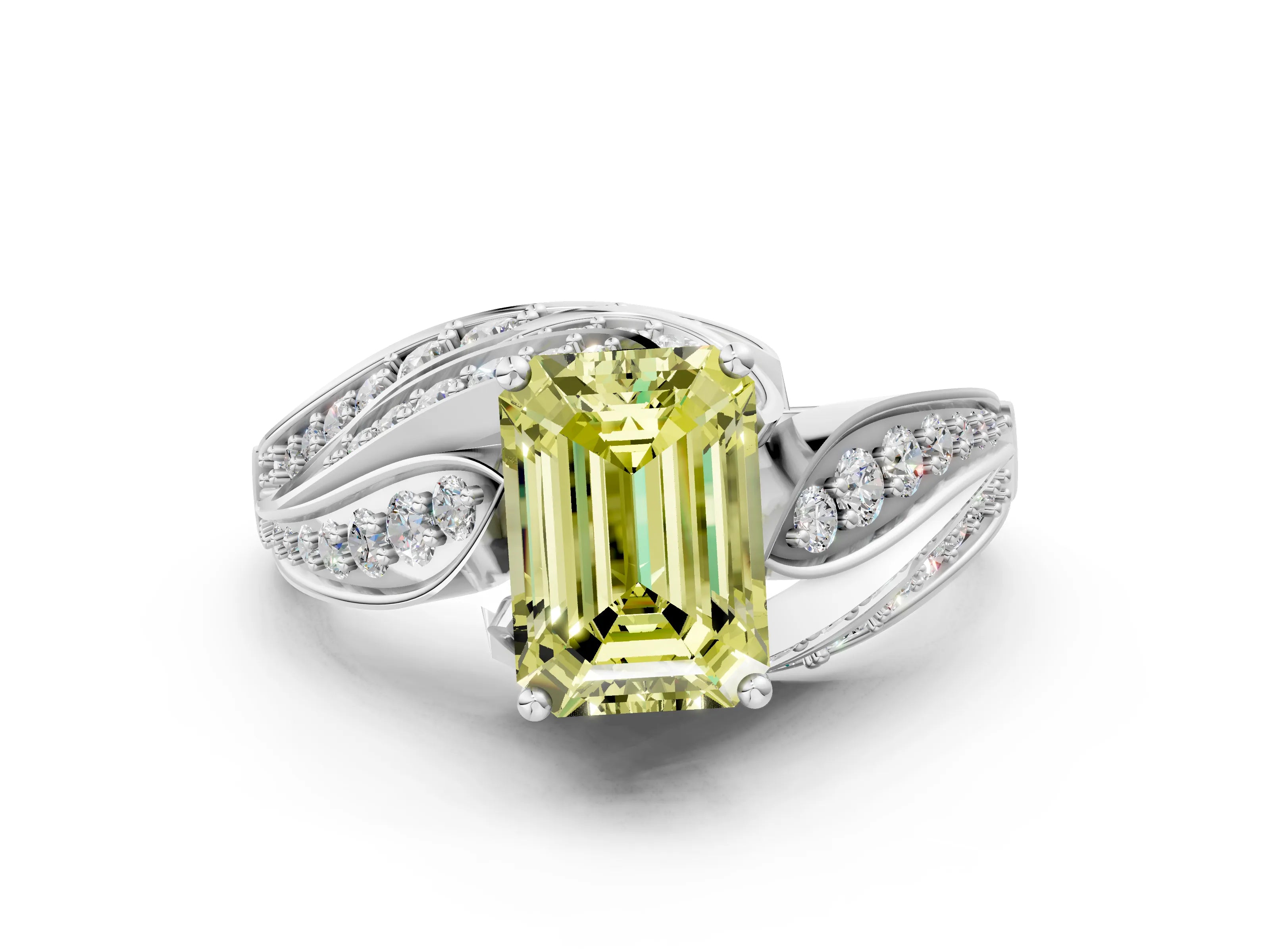 White gold Fancy Yellow Emerald Cut Diamond Solitaire Ring with Prong Setting and Twisted Pavé Band