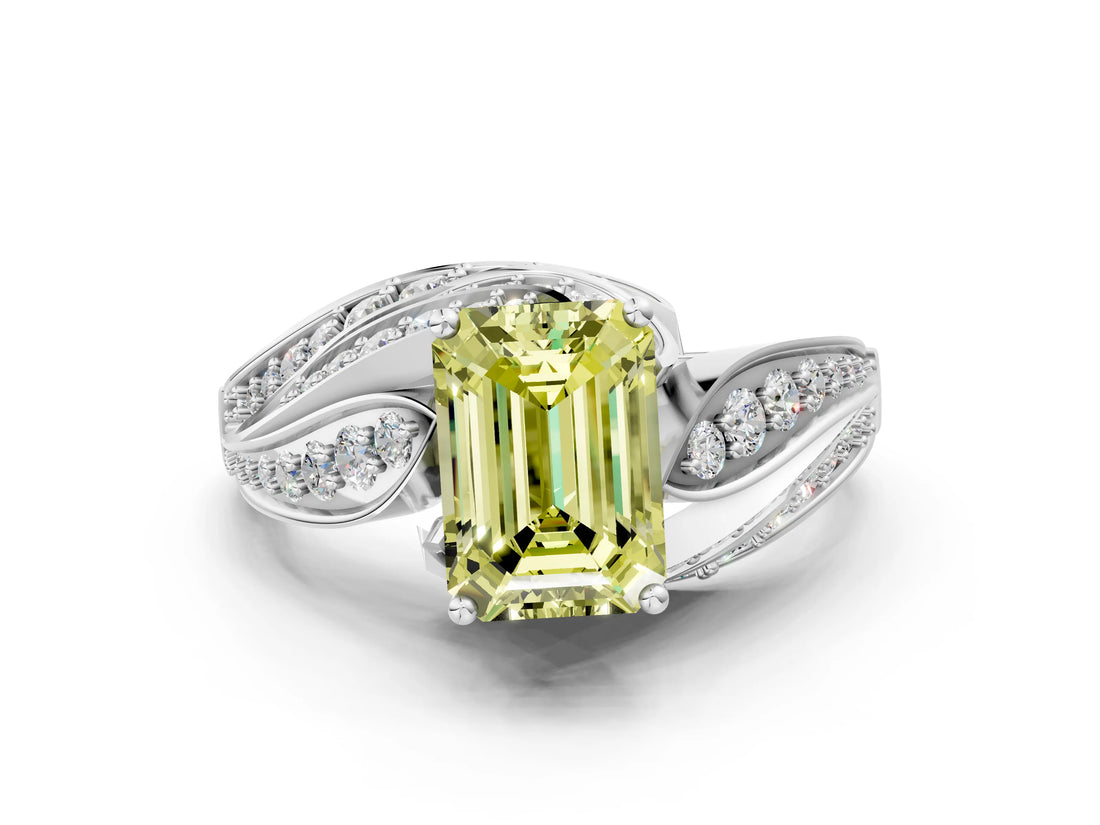 White gold Fancy Yellow Emerald Cut Diamond Solitaire Ring with Prong Setting and Twisted Pavé Band_24