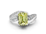 White gold Fancy Yellow Emerald Cut Diamond Solitaire Ring with Prong Setting and Twisted Pavé Band_24