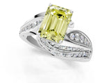 White gold Fancy Yellow Emerald Cut Diamond Solitaire Ring with Prong Setting and Twisted Pavé Band_25