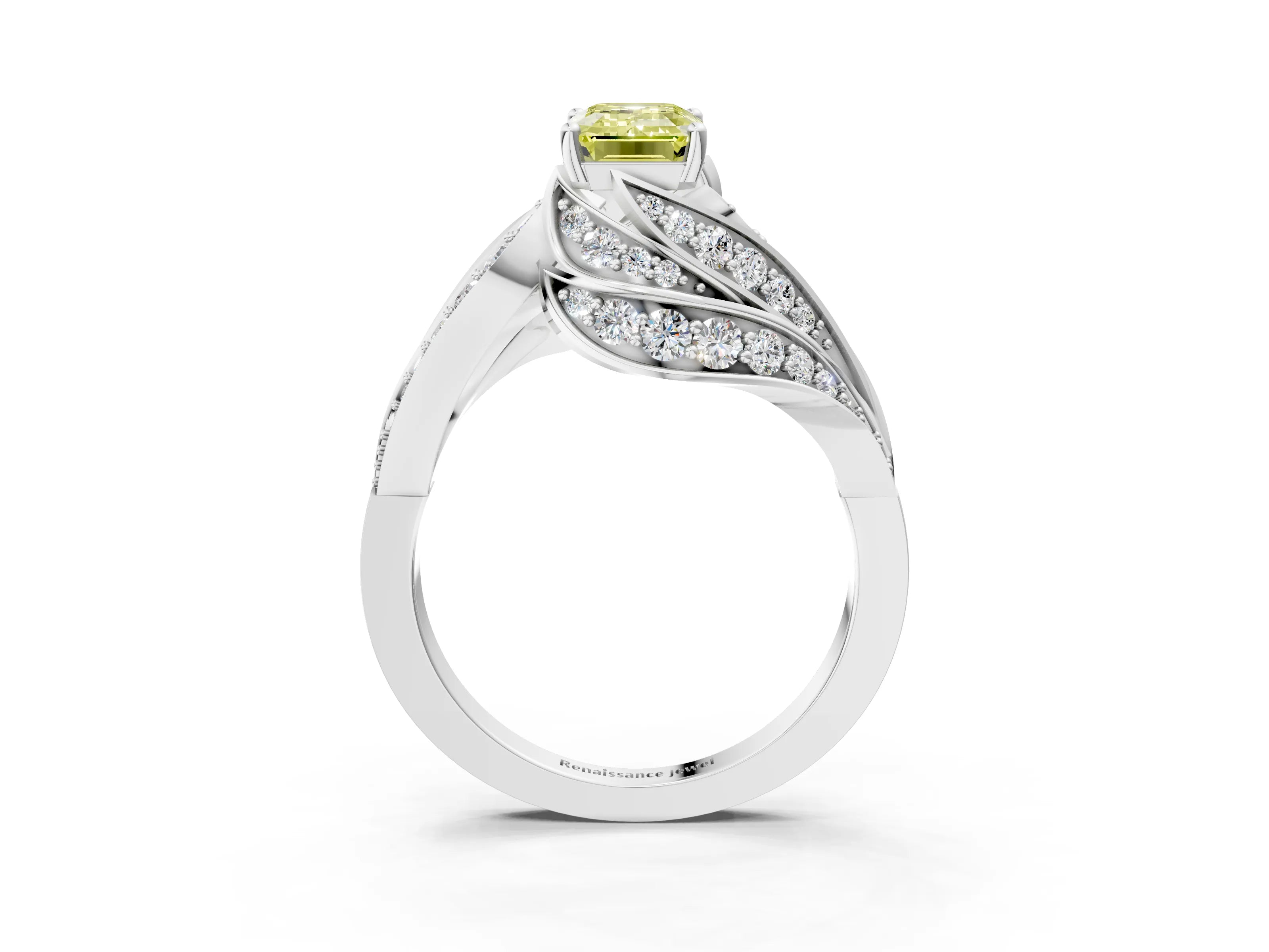White gold Fancy Yellow Emerald Cut Diamond Solitaire Ring with Prong Setting and Twisted Pavé Band_27
