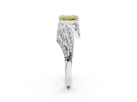 White gold Fancy Yellow Emerald Cut Diamond Solitaire Ring with Prong Setting and Twisted Pavé Band_2