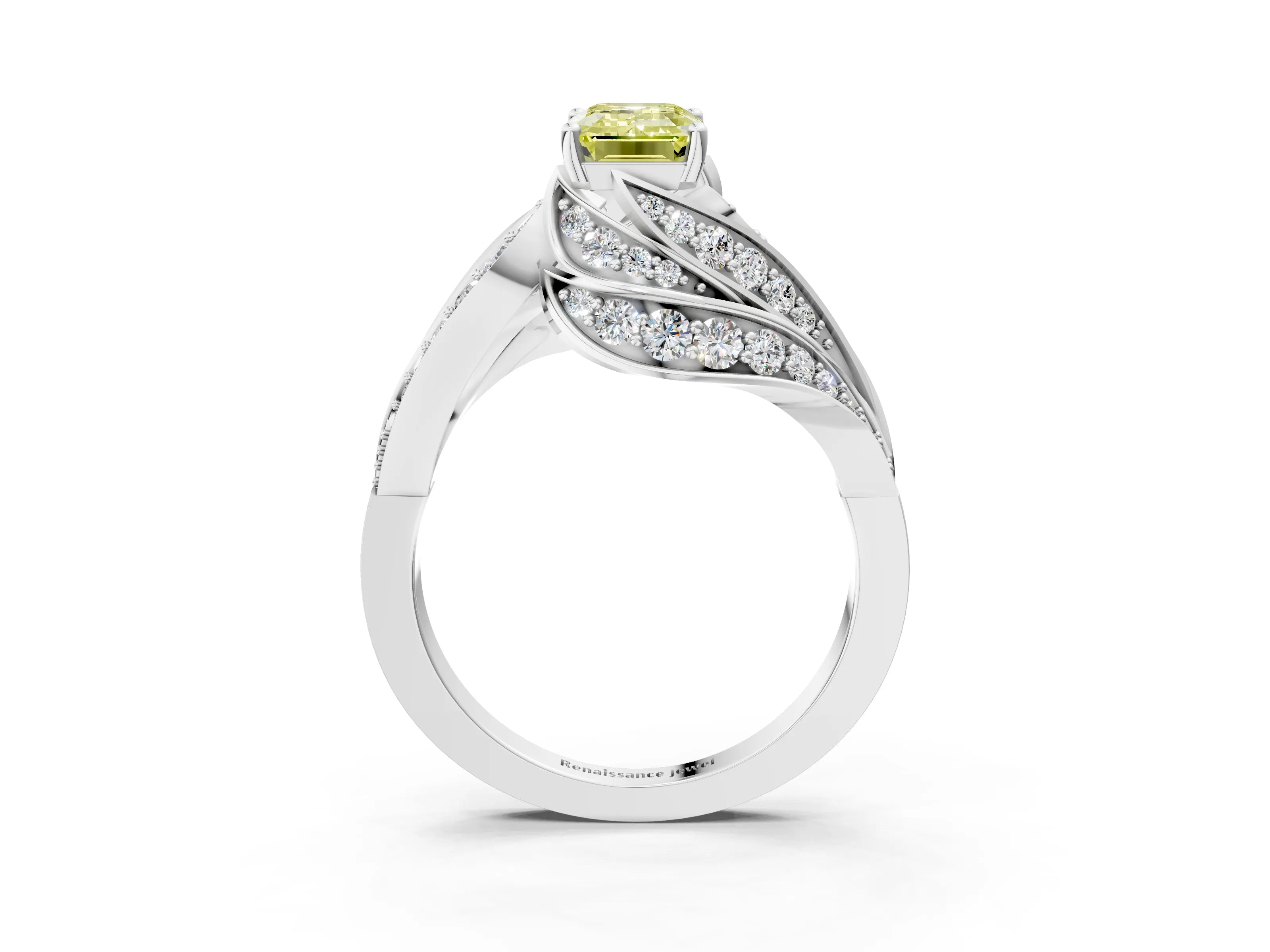 White gold Fancy Yellow Emerald Cut Diamond Solitaire Ring with Prong Setting and Twisted Pavé Band_3