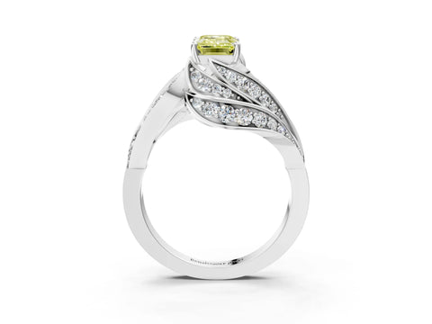 White gold Fancy Yellow Emerald Cut Diamond Solitaire Ring with Prong Setting and Twisted Pavé Band_3
