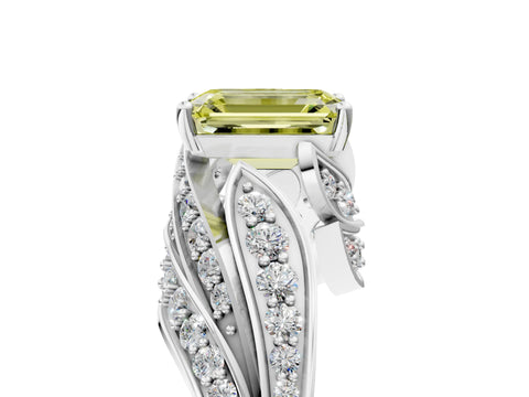 White gold Fancy Yellow Emerald Cut Diamond Solitaire Ring with Prong Setting and Twisted Pavé Band_5