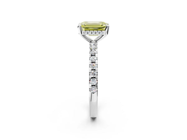 White Gold Emerald Cut Hidden Halo Solitaire Engagement Ring Setting for Fancy Yellow Center with Single Row Pave Band