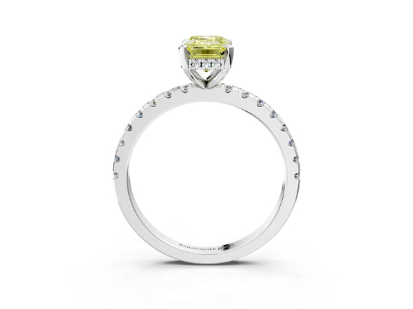 White Gold Emerald Cut Hidden Halo Solitaire Engagement Ring Setting for Fancy Yellow Center with Single Row Pave Band