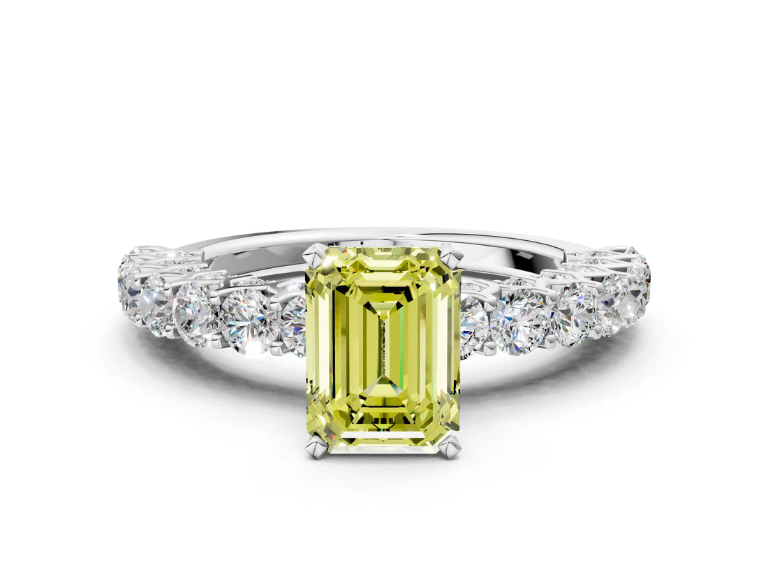 White gold Fancy Yellow Emerald Cut Diamond Solitaire Ring with Shared Prong Pavé Band and Four-Prong Setting_71