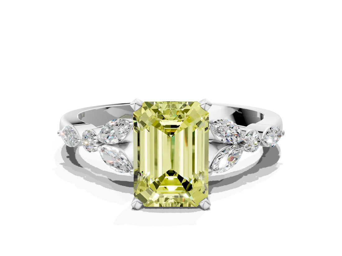 White gold Fancy Yellow Emerald Cut Diamond Solitaire Ring with Side Stones and Four-Prong Setting_258