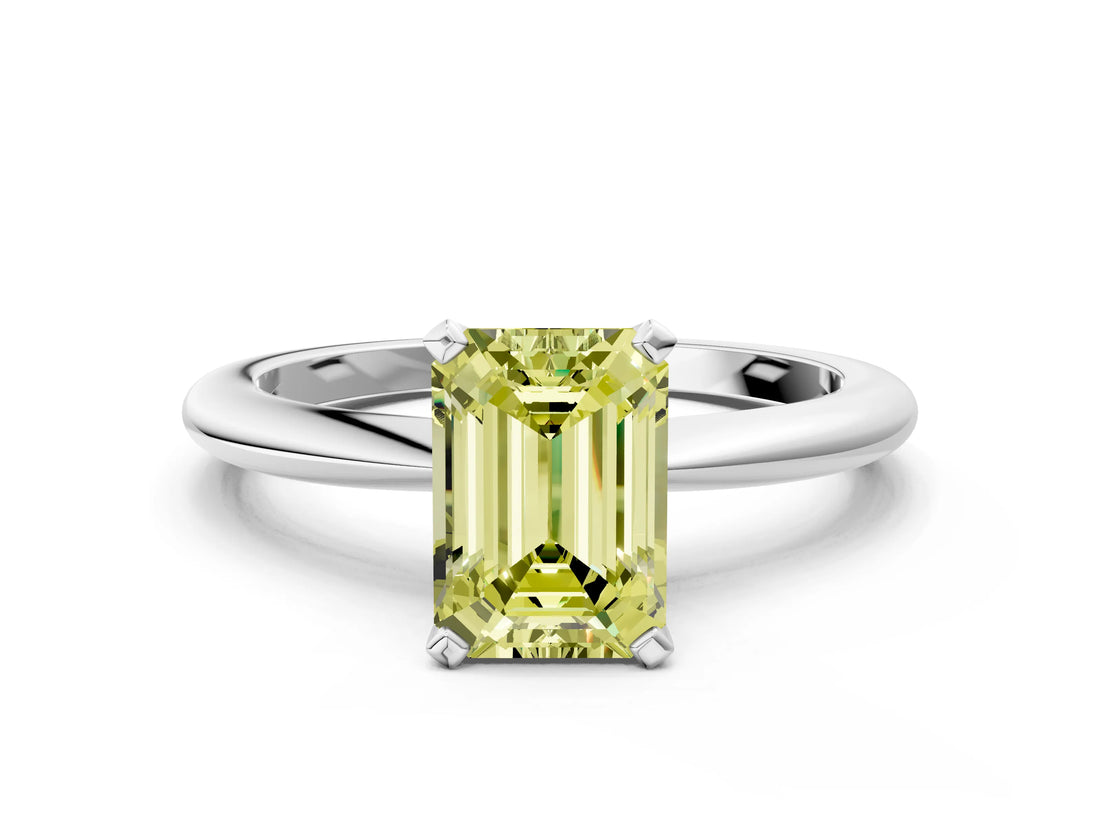 White gold Fancy Yellow Emerald Cut Diamond Solitaire Ring with Six-Prong Setting and Classic Band_290