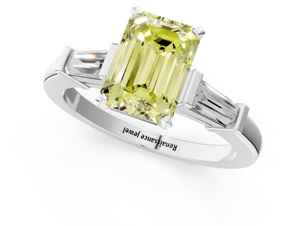 White gold Fancy Yellow Emerald  Cut Diamond Solitaire Ring with Tapered Baguette Accents and Four-Prong Setting