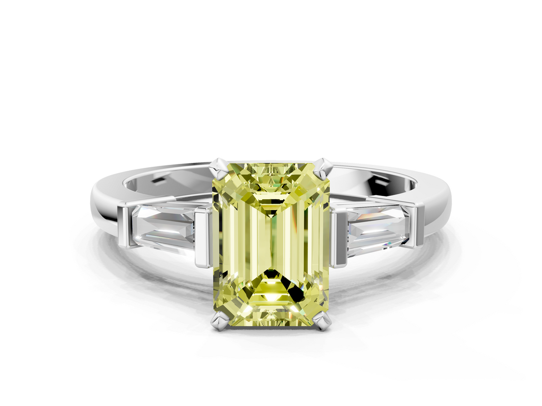 White gold Fancy Yellow Emerald  Cut Diamond Solitaire Ring with Tapered Baguette Accents and Four-Prong Setting_79