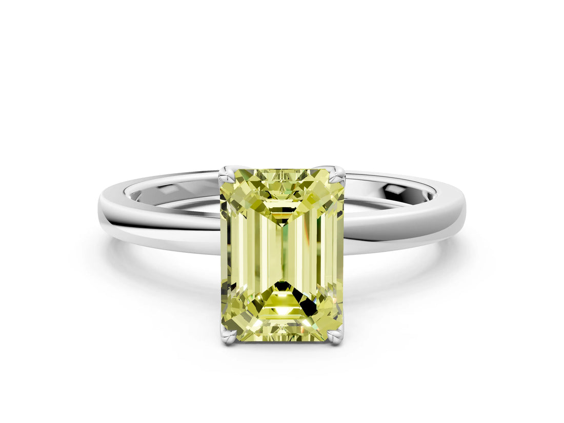White gold Fancy Yellow Emerald Cut Diamond Solitaire Ring with Thin Band and Prong Setting_24