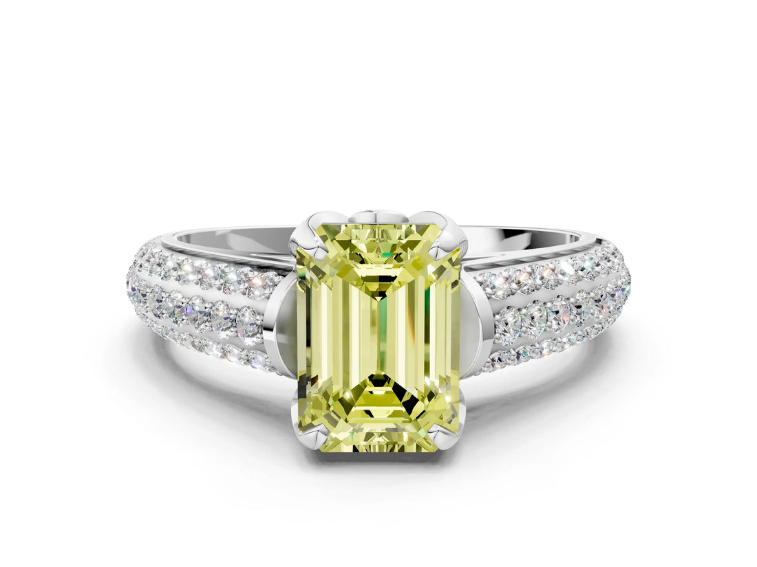 White gold Fancy Yellow Emerald Cut Diamond Solitaire Ring with Three-Row Pavé Band and Four-Prong Setting_49