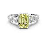White gold Fancy Yellow Emerald Cut Diamond Solitaire Ring with Three-Row Pavé Band and Four-Prong Setting_49