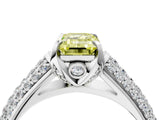 White gold Fancy Yellow Emerald Cut Diamond Solitaire Ring with Three-Row Pavé Band and Four-Prong Setting_53