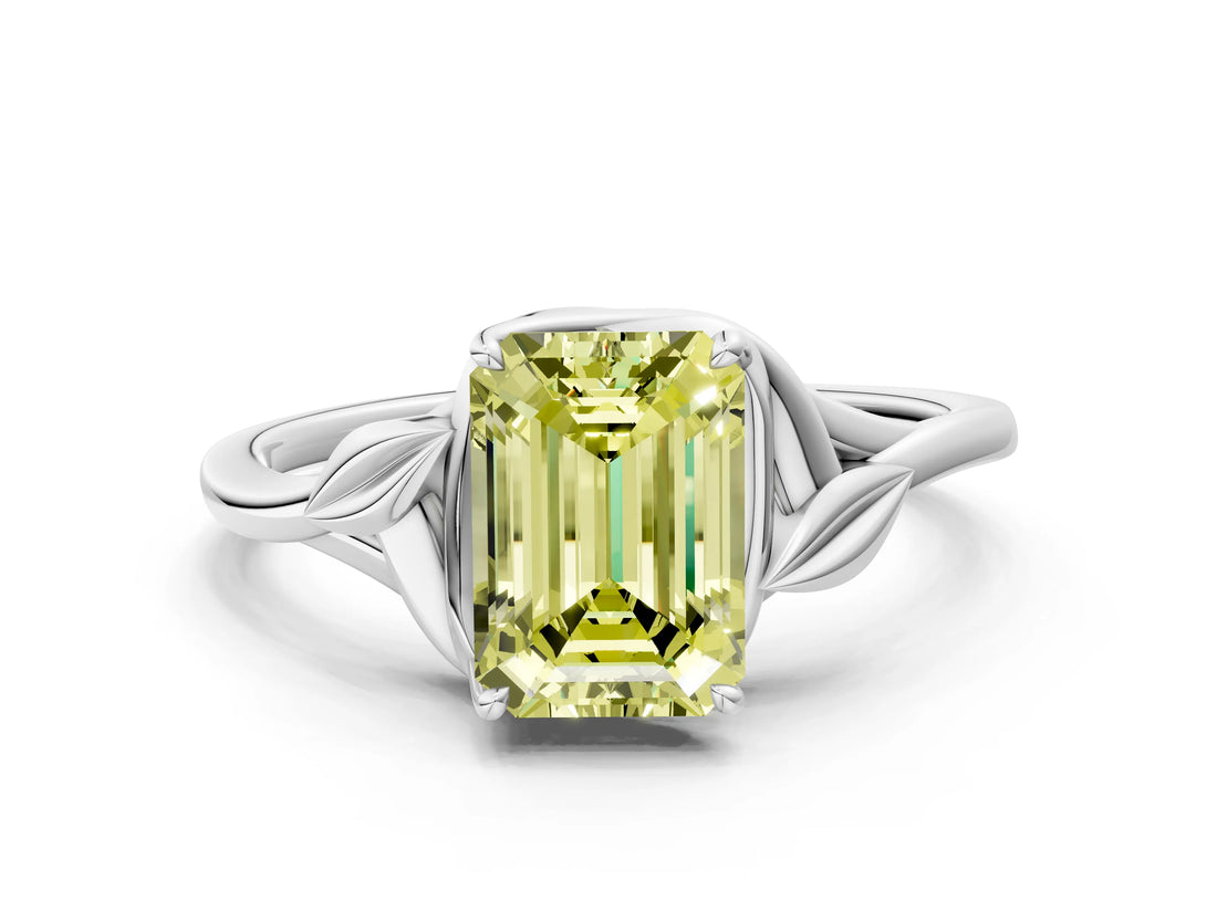 White gold Fancy Yellow Emerald Cut Diamond Solitaire Ring with Twist Band and Four-Prong Setting_121