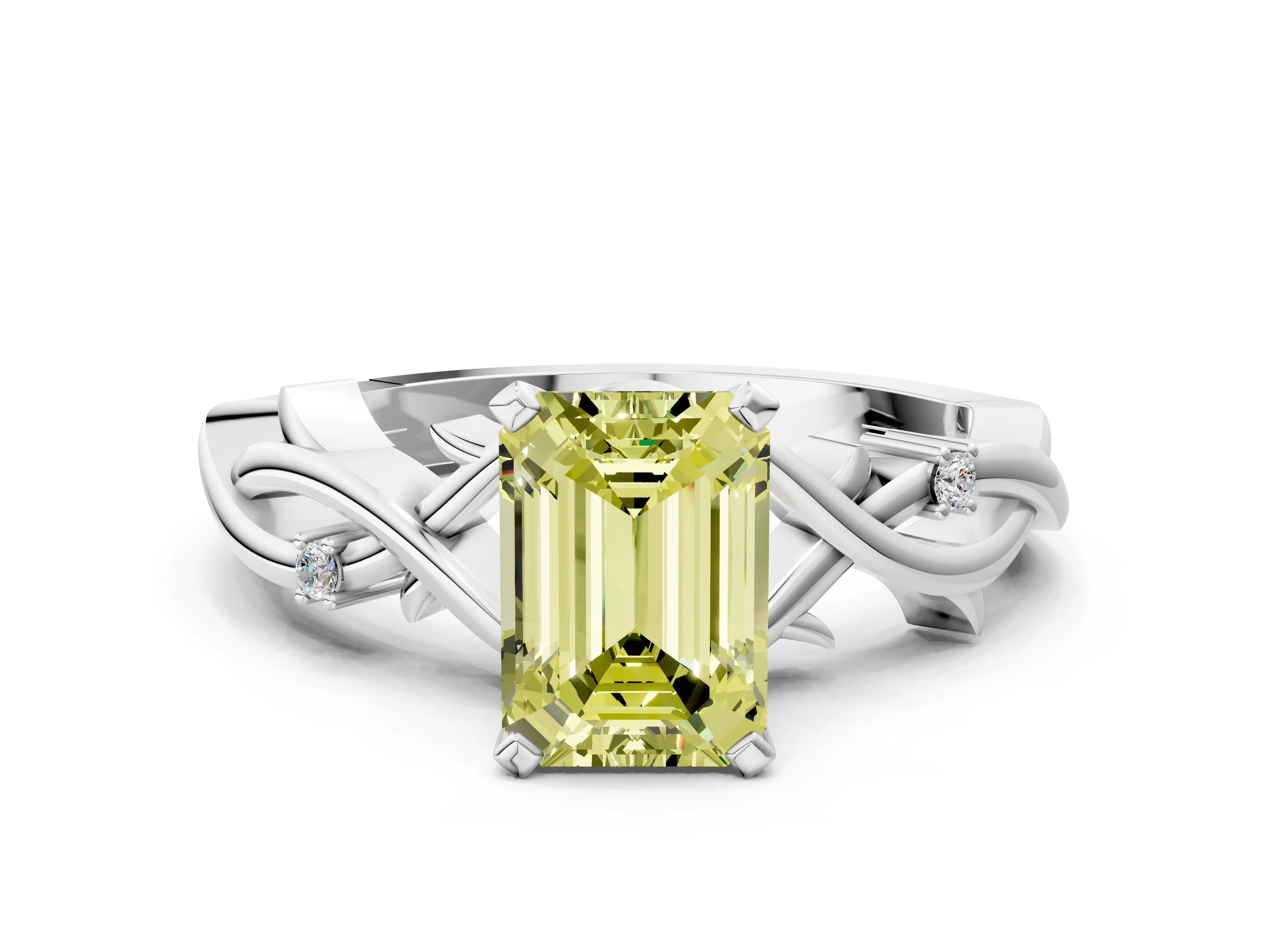 White gold Fancy Yellow Emerald Cut Diamond Solitaire Ring with Twisted Band and Prong Setting_268
