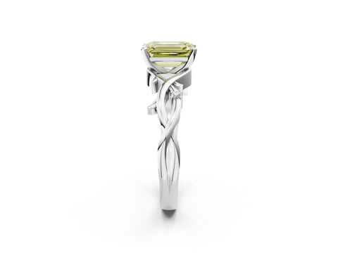 White gold Fancy Yellow Emerald Cut Diamond Solitaire Ring with Twisted Band and Prong Setting_270