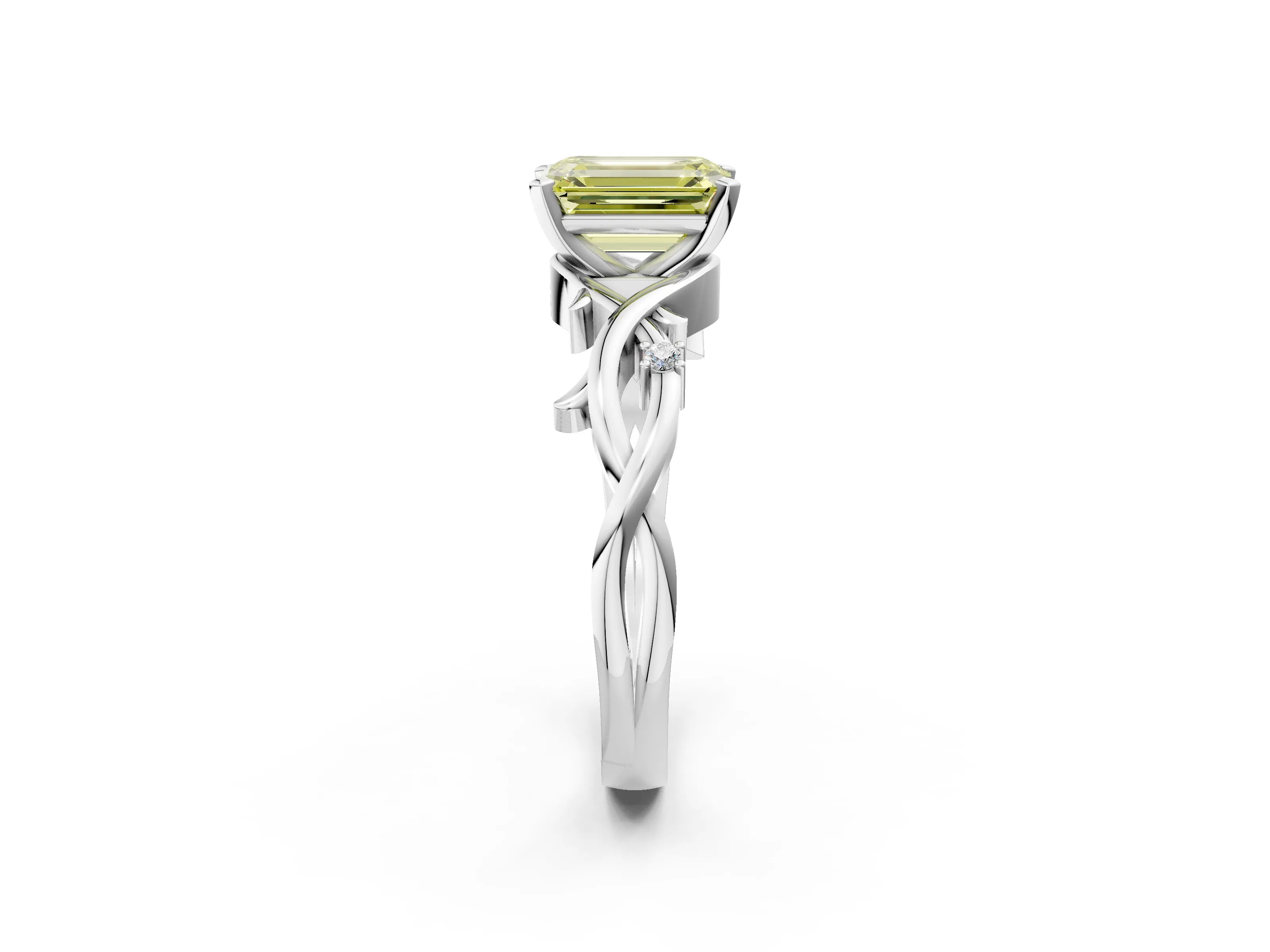 White gold Fancy Yellow Emerald Cut Diamond Solitaire Ring with Twisted Band and Prong Setting_276