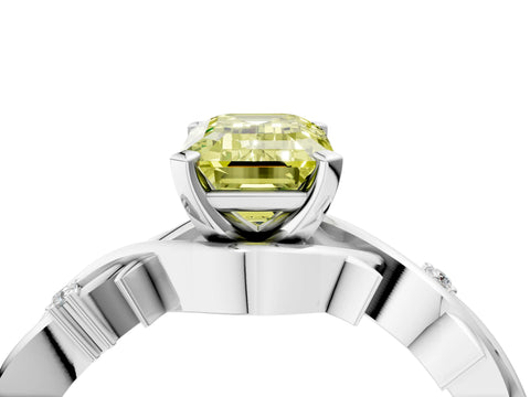 White gold Fancy Yellow Emerald Cut Diamond Solitaire Ring with Twisted Band and Prong Setting_276