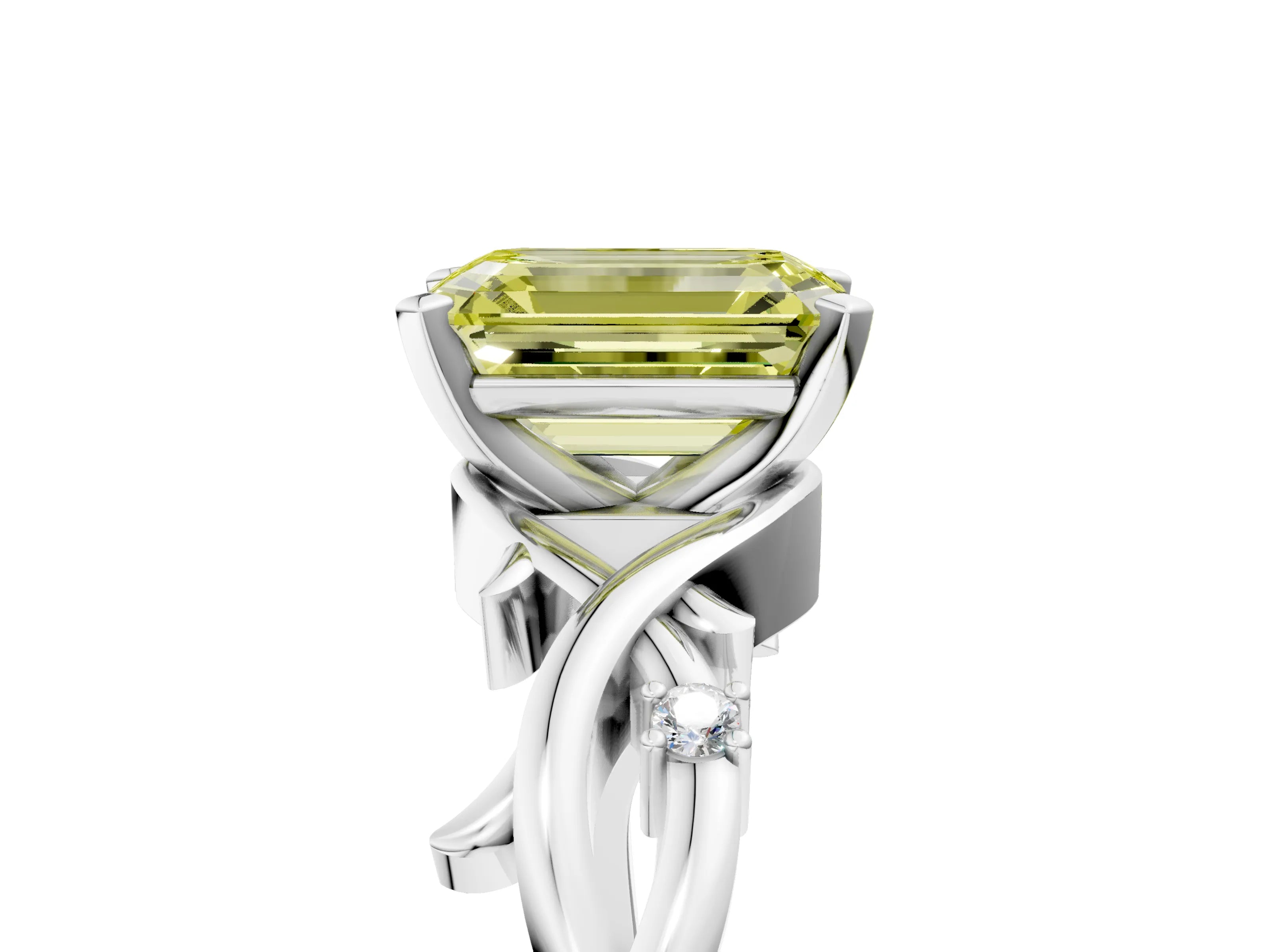 White gold Fancy Yellow Emerald Cut Diamond Solitaire Ring with Twisted Band and Prong Setting_277