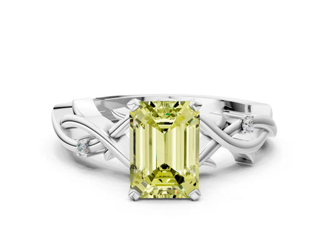 White gold Fancy Yellow Emerald Cut Diamond Solitaire Ring with Twisted Band and Prong Setting_278