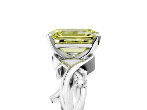 White gold Fancy Yellow Emerald Cut Diamond Solitaire Ring with Twisted Band and Prong Setting_279