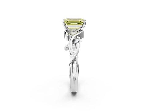 White gold Fancy Yellow Emerald Cut Diamond Solitaire Ring with Twisted Band and Prong Setting_280