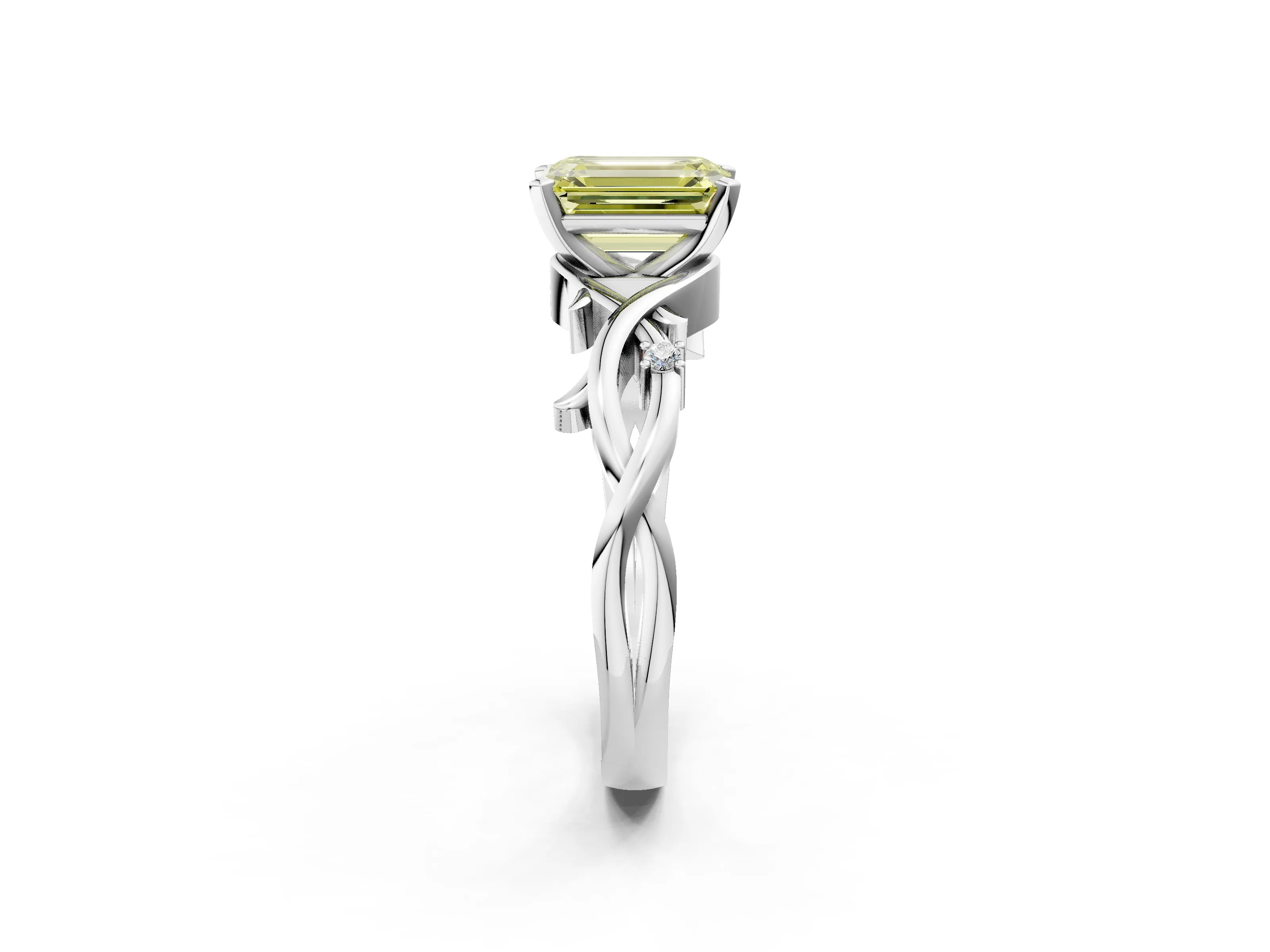 White gold Fancy Yellow Emerald Cut Diamond Solitaire Ring with Twisted Band and Prong Setting_282