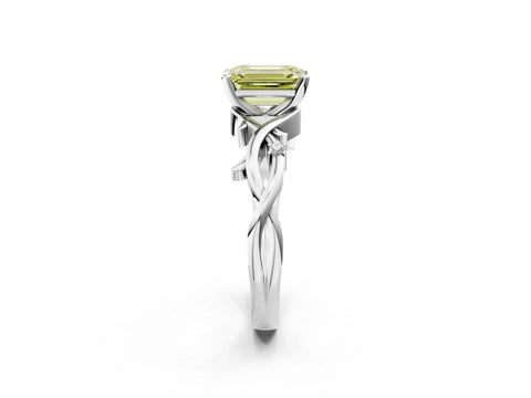 White gold Fancy Yellow Emerald Cut Diamond Solitaire Ring with Twisted Band and Prong Setting_282