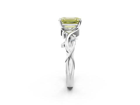 White gold Fancy Yellow Emerald Cut Diamond Solitaire Ring with Twisted Band and Prong Setting_288