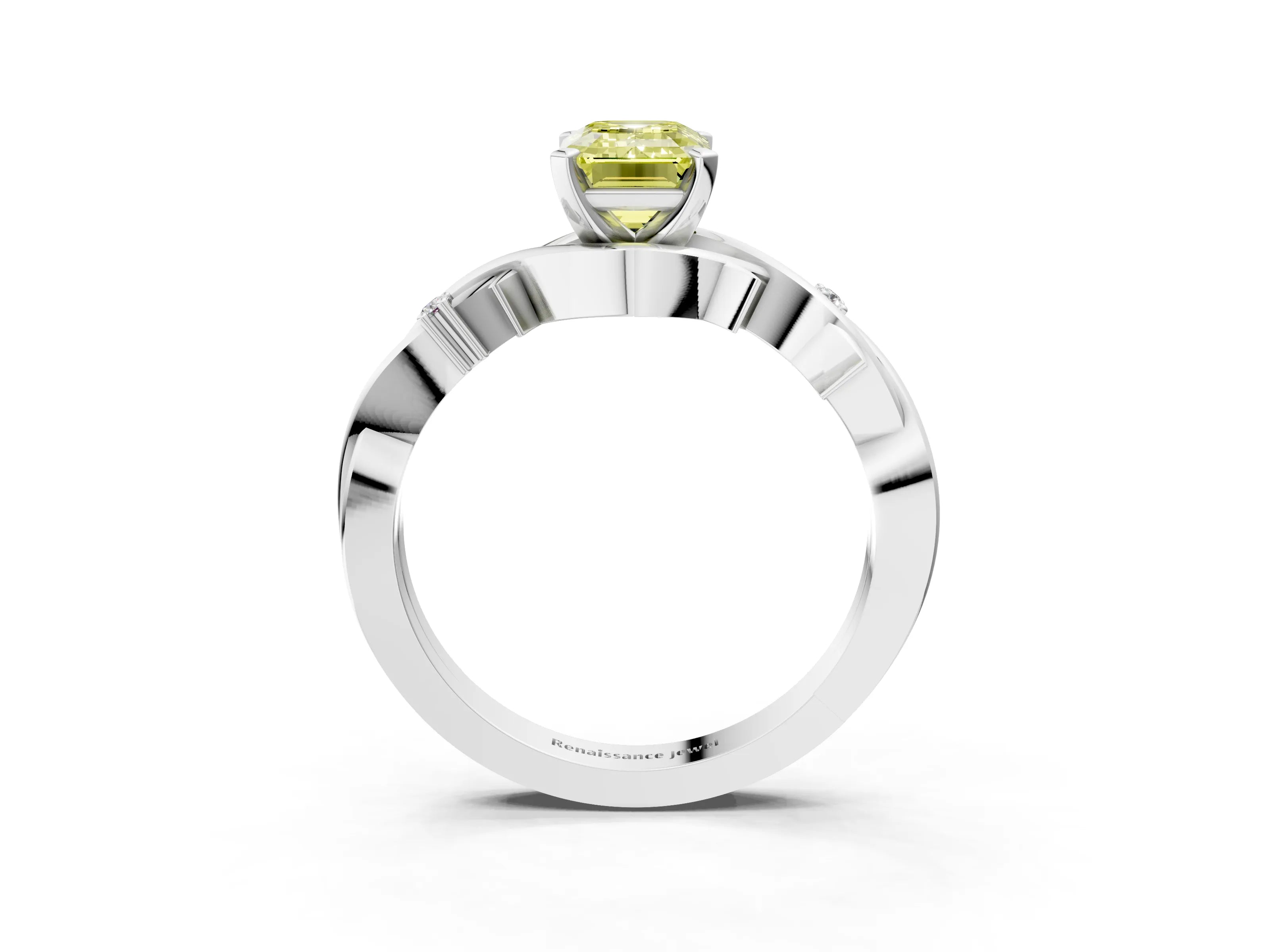 White gold Fancy Yellow Emerald Cut Diamond Solitaire Ring with Twisted Band and Prong Setting_289